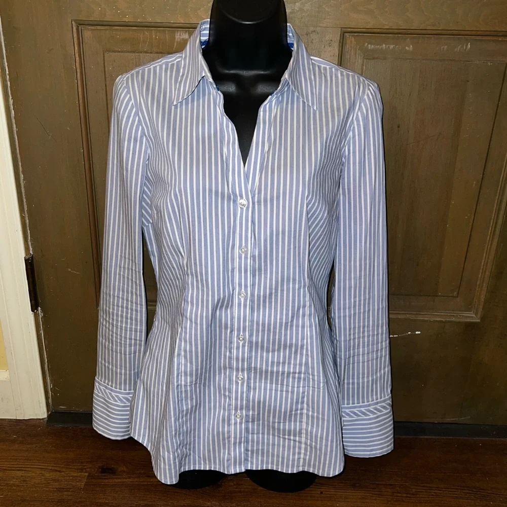 Express Blue & White Striped Button Up Stretch Long Sleeve Shirt Size M - Picture 2 of 10